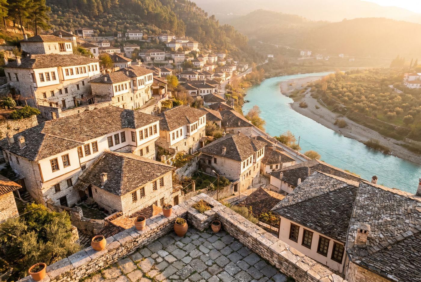 Golden-hour view of the historic Ottoman town of Berat, Albania