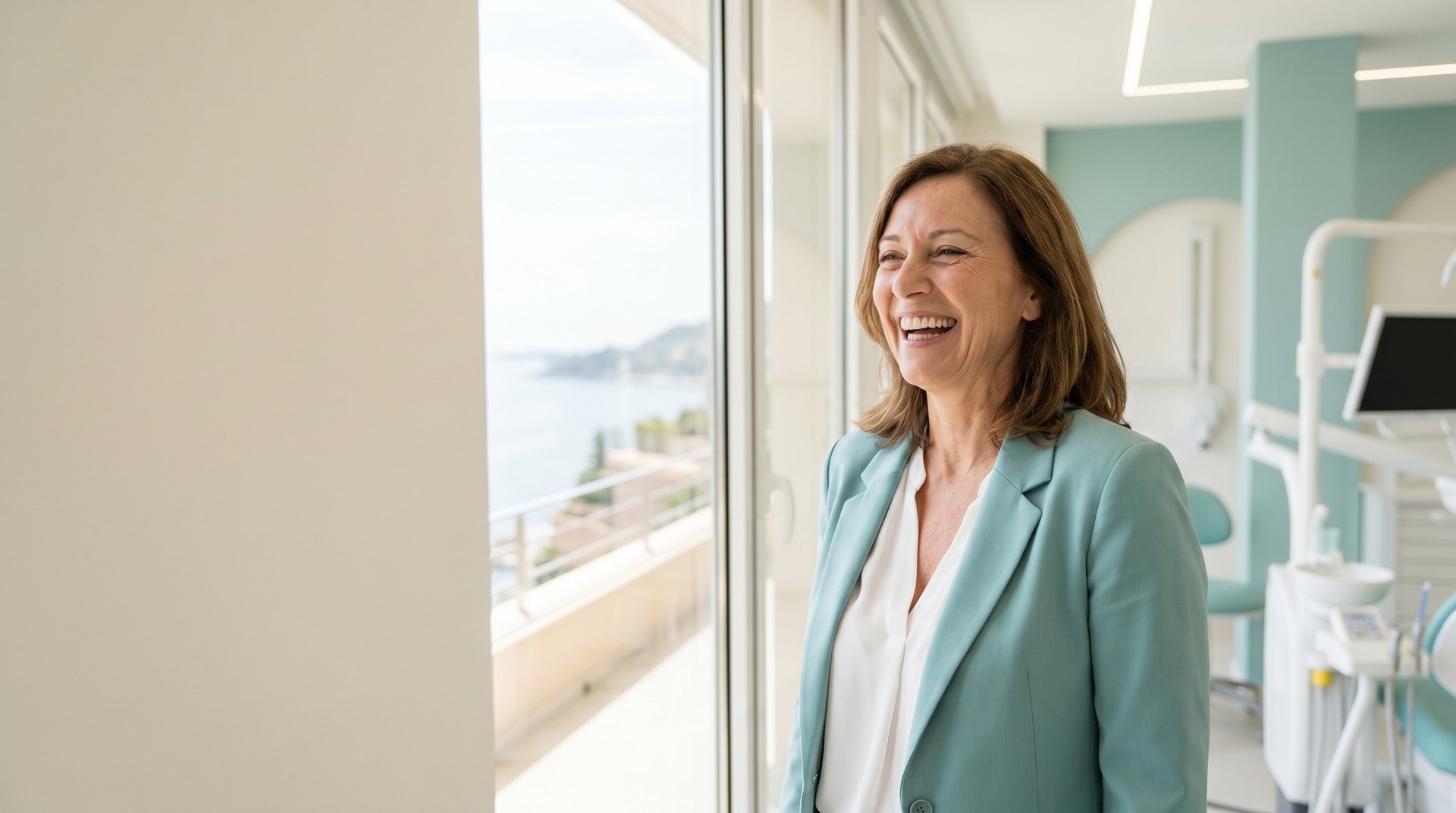 A confident woman in her fifties in a bright modern dental clinic overlooking the Mediterranean