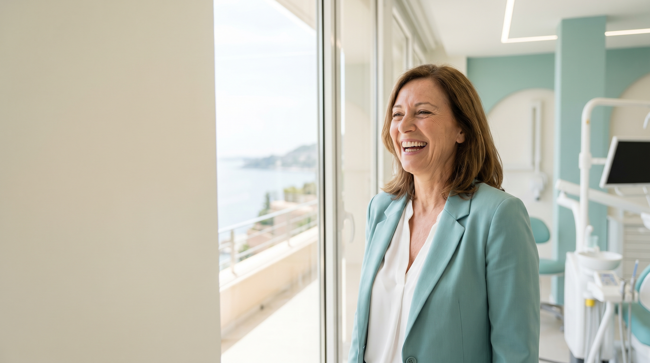 Eine selbstbewusste Frau in ihren Fünfzigern in einer hellen modernen Zahnklinik mit Blick auf das Mittelmeer