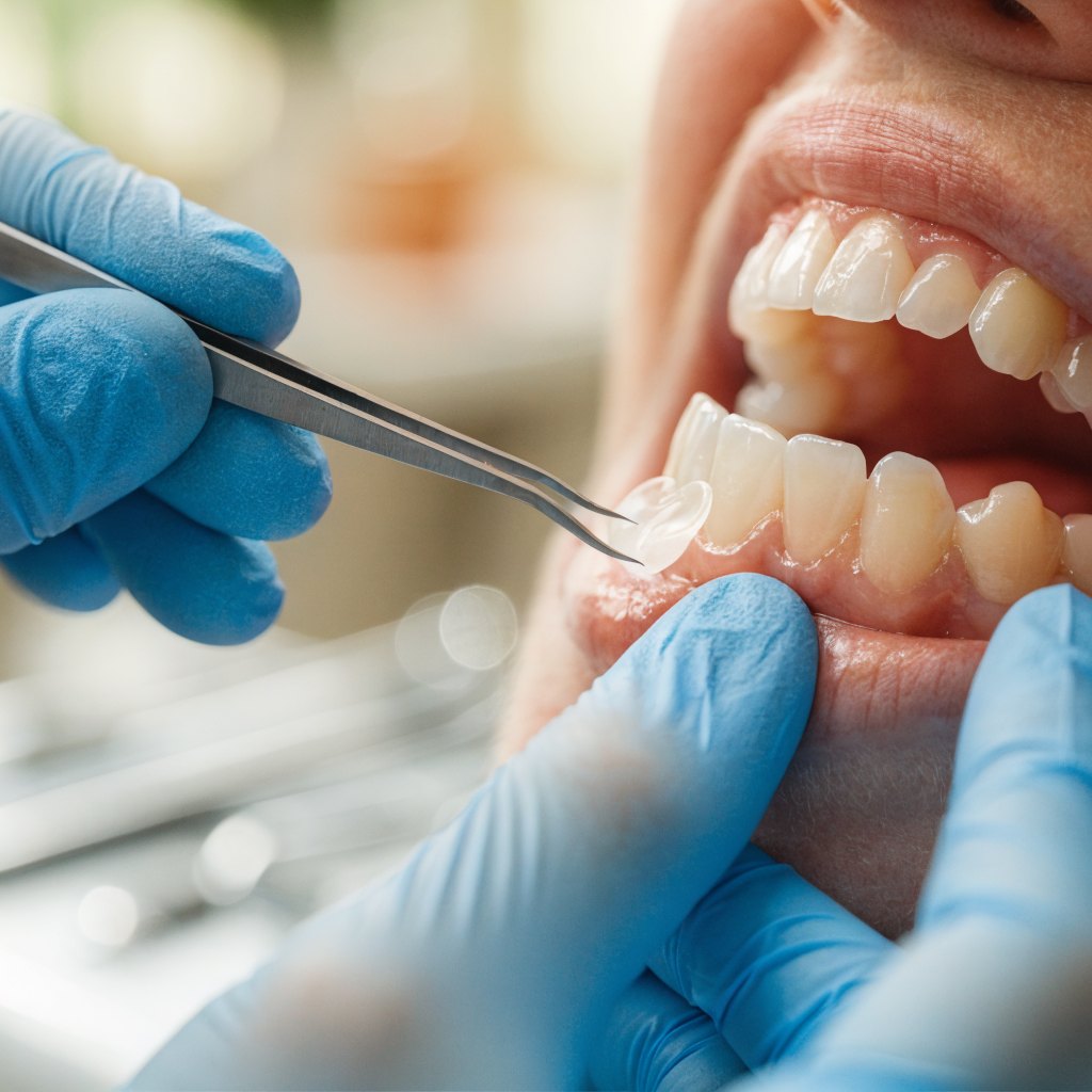 Zahnärztin, die während der Behandlung ein Keramik-Veneer auf einen präparierten Zahn aufsetzt